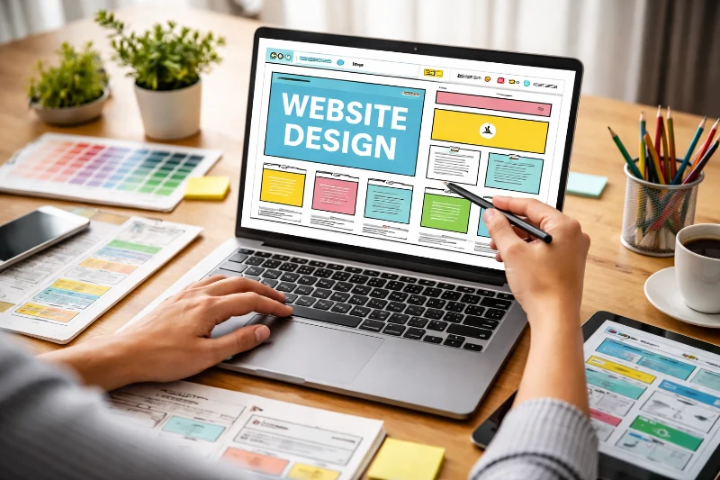 A custom website design displayed on a desktop monitor, showing a clean layout built for a small business